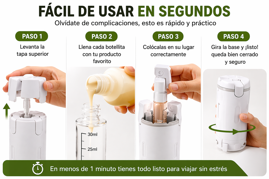 OFERTA POR TIEMPO LIMITADO Botella de viaje 4 en 1: Tu Kit de Aseo Inteligente